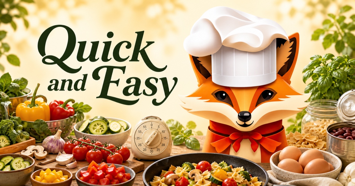 Fancy Fox chef surrounded by food for Quick and Easy recipes