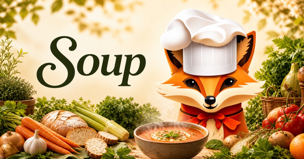 Fancy Fox chef surrounded by food for Soup recipes