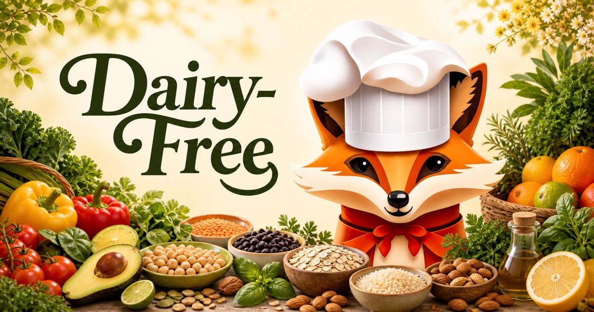 Fancy Fox chef surrounded by ingredients for Dairy-Free recipes