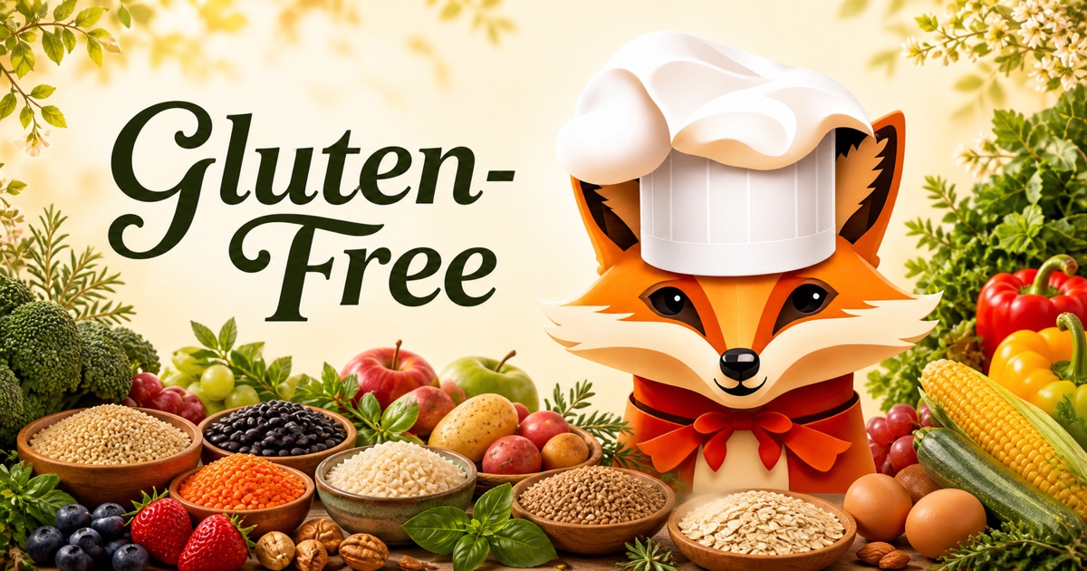 Fancy Fox chef surrounded by ingredients for Gluten-Free recipes