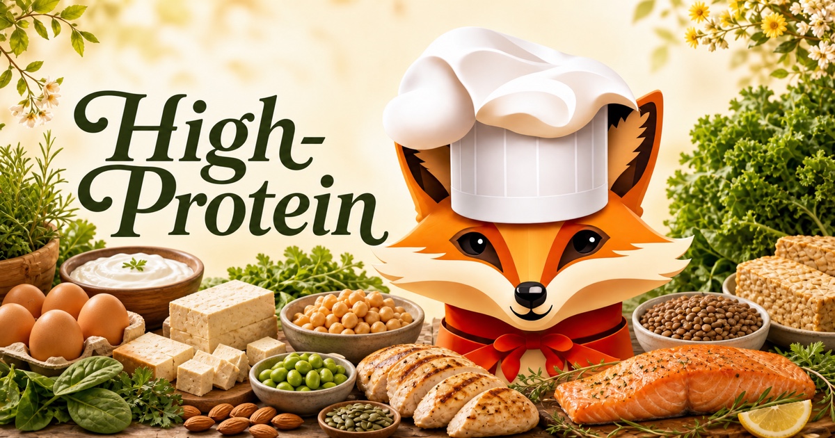 Fancy Fox chef surrounded by ingredients for High-Protein recipes