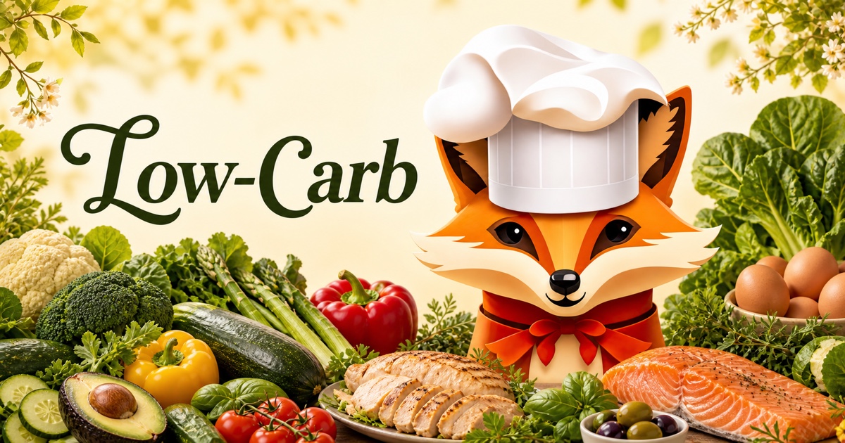 Fancy Fox chef surrounded by ingredients for Low-Carb recipes