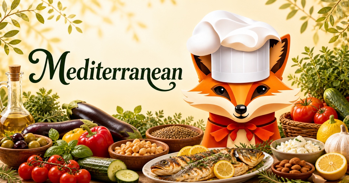 Fancy Fox chef surrounded by ingredients for Mediterranean recipes