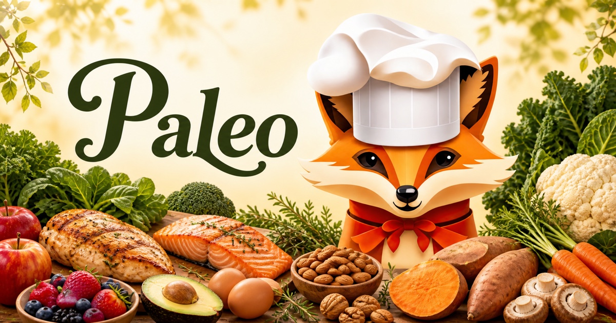 Fancy Fox chef surrounded by ingredients for Paleo recipes
