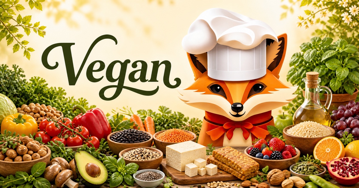 Fancy Fox chef surrounded by ingredients for Vegan recipes