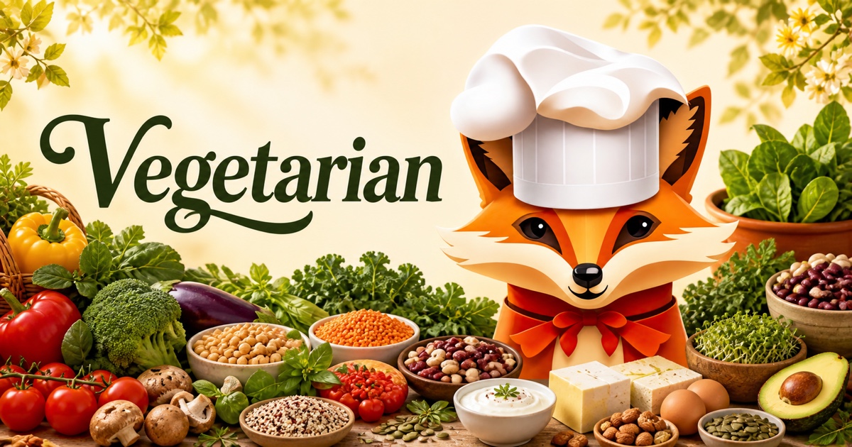 Fancy Fox chef surrounded by ingredients for Vegetarian recipes