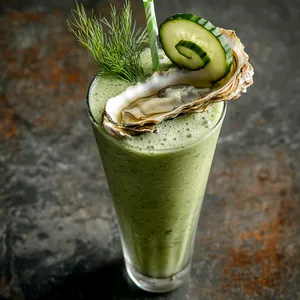 The smoothie presents itself in elegant shades of rich sea-green with slight frothiness at the top in a clear, tall glass. It is garnished with dill sprigs and a single, perfectly shucked oyster that rest delicately on the rim, accompanied by a straw wrapped in a cucumber spiral.