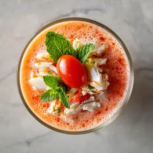 When viewed from above, the smoothie presents an enticing, vivid red-orange color with a frothy, white crab meat garnish providing a visual contrast. A quartered cherry tomato and a sprig of fresh mint are artistically positioned on the top providing a pop of fresh and festive color.