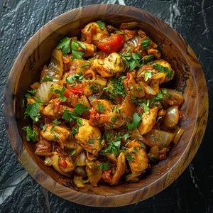 A colorful medley of coarsely chopped hearty cabbage, tender chicken pieces, and vivid red tomatoes simmered in a vibrant sauce, garnished with bright green parsley, and served in a rustic wooden bowl.