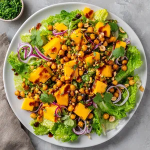 A vibrant platter showcasing bright orange mango pieces and golden chickpeas, nestled in a bed of verdant lettuce. The salad is studded with toasted peanuts, and the glossy, tamarind dressing drizzled over adds a mouthwatering allure. A small heap of chopped coriander leaves and thin red onion rings provide vibrant pops of color.