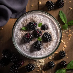 A glass jar filled with a creamy light brown chia pudding and topped with fresh blackberries.
