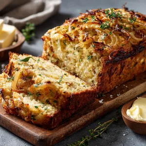 The bread is golden brown with caramelized onions peeking out on top. Bright flecks of fresh herbs are scattered throughout. Cut into thick slices, you can see the tender, moist crumb inside. The bread sits on a rustic wood cutting board for a contrast, and it is paired with a smear of butter on the side and fresh herbs sprinkled around for an aesthetic completion.