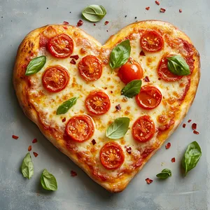 An irresistible heart-shaped pizza glazed with golden crust edges. Cherry red tomatoes peeking through a generous layer of melted, creamy cheese with scattered spots of lush green basil leaves. A sprinkle of red chili flakes adds a dash of color.