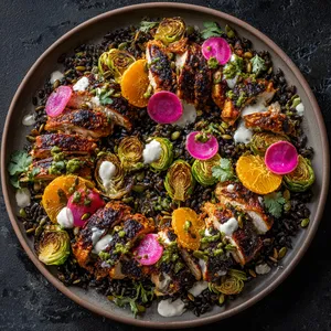 From above, a wide shallow platter shows sliced burnished chicken over dark farro and black beans, dotted with deeply charred Brussels sprout leaves, bright orange segments, emerald salsa verde, pink pickled onions, white crema swooshes, and a shower of toasted pepitas and cilantro.