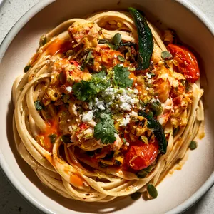 From above, a shallow bowl of glossy fettuccine swirled into a loose nest, studded with coral-white lobster chunks, charred golden corn, deep green poblano strips, and jewel-like roasted cherry tomatoes. A drizzle of orange-red ancho butter glistens over the top, finished with cilantro leaves, crumbled cotija, lime zest, and a scatter of emerald pumpkin seeds.