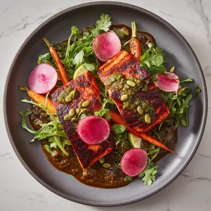 From above, two lacquered ancho-rubbed salmon fillets sit slightly off-center on a swoosh of deep red-brown pepita salsa macha, surrounded by blistered rainbow carrots and a loose tuft of glossy arugula tossed with lime. Toasted pumpkin seeds, thin radish slices, and scattered cilantro leaves create pops of green, pink, and gold against a matte ceramic plate.