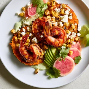From above, two golden-brown rosti sit slightly overlapping on wide white plates, topped with curled chili-rubbed shrimp and scattered charred corn. A pale green poblano-yogurt swoosh peeks from underneath, while thin watermelon radish slices, avocado fans, cilantro leaves, and crumbled cotija create a vivid, polished mosaic with lime wedges at the edge.