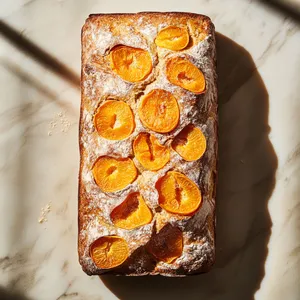 A golden-brown loaf, it's surface lightly dusted with flour forming a delicate crust. Embedded apricots bursting with color, their vibrant orange hue peeping from the bread, creating a feast for the eyes.