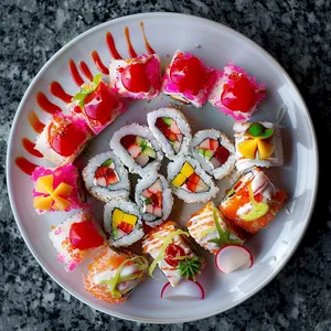 A plate filled with what appears to be traditional sushi rolls. The avant-garde 'fish slices' on top of some pieces exhibit vibrant hues of strawberry red, coconut white, and mango orange - more colorful than the standard sushi. The overall look is artistic and fun, garnished with 'ginger and wasabi' made from pink Starburst and green cake icing, and served with 'soy sauce' which is actually liquid chocolate.