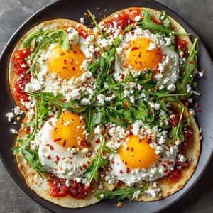 A vivid dish of crisp toasted tortilla circles, each crowned with a shiny sunlit yolk from the gently poached eggs. Brilliant green arugula leaves are scattered across the top, contrasting with a swirling layer of rich, smoky tomato salsa. Crumbled feta and a dusting of bright red chili flakes add a final tantalizing punch.