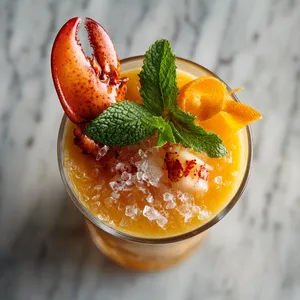 In a clear, tall glass the dazzling orange-hued smoothie fills the vessel, adorned with a garnish of fresh mint, an orange peel curl, and a lobster claw protruding elegantly. Crushed ice speckles the brim.