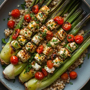 A beautiful sight: succulent, bright green, grilled leeks filled with creamy, white feta, arranged in a sunburst pattern on a rustic swath of toasted farro. The finishing touch is a dazzling salsa made of ruby red cherry tomatoes, dotted with emerald-green, freshly chopped herbs.