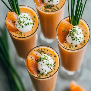 This smoothie boasts a unique sunset orange hue brought about by the combination of crisp apple and salmon. It's elegantly served in four tall, clear glasses, with each brimming with the creamy concoction. The top is adorned with a swirl of sour cream, a sprinkle of chopped chives, tiny bites of smoked salmon, and a single, slender chive stem propped artistically at the center.