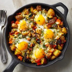A rustic cast-iron skillet overflowing with golden potatoes, multi-colored vegetables, and topped with a crown of slightly molten cheese. The textures and colors are beautifully contrasted, with the occasional glint of a perfectly cooked egg peeking out from beneath the cheese layer offering an invite to dive in with your fork.