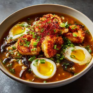 The warm, amber broth gleaming under soft lighting fills most of the bowl, contrasting with the hearty cap of golden, crunchy shrimp toast floating in the center. Bright red chili threads, dark green chopped chives, and a swirl of whites and yellows from the perfectly soft-boiled eggs paint a vibrant feast for the eyes.