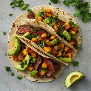 Soft, grain-free tortillas are generously filled with perfectly cooked skirt steak, cut into thin slivers and coated with a warm, rust-colored chipotle-seasoning. Topped with a salsa of finely diced chipotle-pumpkin, dots of green from fresh cilantro, and chunks of creamy avocado. The color palette is perfectly fall - earthy arid tones, with pops of vibrant greens, against the soft beige backdrop of the tortilla.