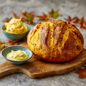 A golden, round bread loaf on a wooden board, with a deep, alluring crust crackling on the outside, revealing a soft yellow interior studded with specks of orange squash. A few scattered autumn leaves for the aesthetic, and a small turquoise dish of whipped miso butter on the side.