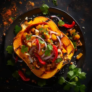 A halved butternut squash filled with a colorful mix of sautéed bell peppers, onions, and corn, garnished with chopped cilantro and coconut flakes. The glowing orange of the butternut squash contrasts brilliantly with the filling and the dark char on top.