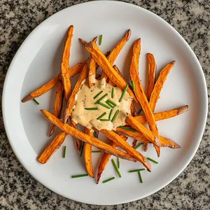 A view from above reveals oven-baked sweet potato fries artistically scattered on a bright white ceramic plate, their orange color contrasting starkly with the plate. The vibrant chipotle aioli drizzled over presents an appealing color fusion. Fresh green chives provide a final flourish.