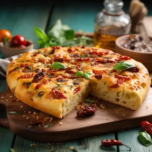A golden brown Focaccia bread topped with fragrant basil and sun-dried tomatoes.