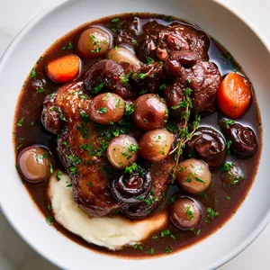 From above, the dish shows bronzed chicken nestled in a deep mahogany wine sauce, dotted with glossy pearl onions, caramelized mushrooms, and orange carrot rounds, finished with chopped parsley and thyme. It is plated in a wide white shallow bowl with a small mound of silky mashed potatoes underneath, creating dramatic contrast and a refined bistro look.