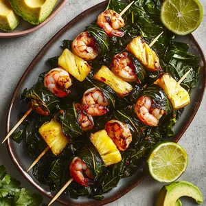 A vibrant platter of skewers showcases generously sized shrimp wrapped snugly within glossy Swiss chard. Randomly interspersed pineapple chunks add a pop of yellow, and a drizzling of jerk sauce finishes the dish. Ripe avocado and lime slices lay on the side, creating a perfect picture.