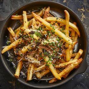 Golden, crispy fries with slivers of off-white parmesan mingled within, served on a matte black ceramic serving dish. Drizzles and puddles of the glossy, dark truffle oil punctuate the golden landscape of the fries, accented by the vibrant green of finely chopped chives. The dish effuses an elegant rusticity.