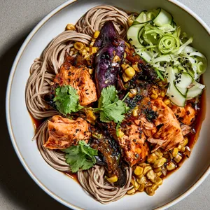 From above, a shallow bowl filled with neat swirls of soba noodles, topped with burnished glazed salmon flakes, deep purple blistered eggplant, golden corn kernels, pale green cucumber ribbons, scallion curls, black sesame seeds, and bright cilantro leaves, all glistening with a dark glossy sauce.
