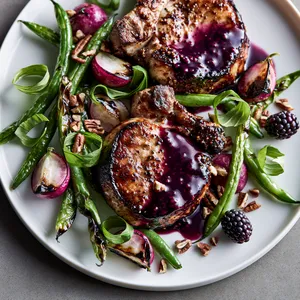 From above, two bronzed pork chops sit slightly off-center, brushed with a deep purple glossy glaze. Around them are blistered green beans and halved radishes with charred edges, scattered basil ribbons and chopped pecans, plus a few fresh blackberries for contrast on a wide white plate.