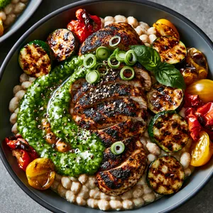 From above, shallow bowls show sliced blackened chicken fanned over creamy white beans, with caramelized half-moons of zucchini and blistered red and gold tomatoes tucked around. A vivid green basil-scallion drizzle is spooned in loose arcs, finished with scallion rings, basil leaves, cracked pepper, and a glossy sheen.