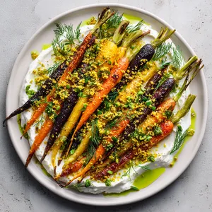 From above, a wide white platter is streaked with soft whipped ricotta, topped with charred multicolored carrots laid in loose parallel lines, scattered with golden garlic-sunflower crumble, dill fronds, chive batons, lemon zest, and a glossy drizzle of green herb oil.