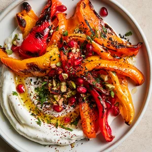 From above, a shallow platter of char-kissed red, orange, and yellow peppers fans outward over a swoosh of creamy white whipped feta, topped with emerald herbs, ruby pomegranate seeds, crushed pistachios, black sesame, and a glossy golden drizzle.