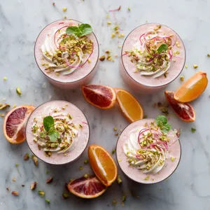 From above, four chilled glasses glow in a soft blush-pink hue, topped with delicate basil ribbons, paper-thin radish slices, a sprinkle of crushed pistachios, and a glossy swirl of yogurt, arranged on a light marble surface with scattered citrus segments.