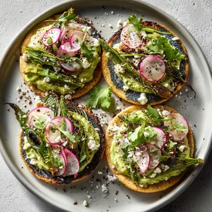 From above, four small cobalt-blue tostadas sit on a light platter, each layered with pale green smashed peas, snowy swirls of whipped queso, glossy dark poblano strips, thin watermelon-radish slices, cilantro leaves, and a scatter of pink pepper flakes and lime zest.