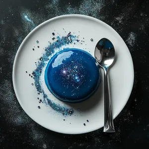 A deep blue panna cotta, gently wobbling on a bright white plate. A dusting of edible silver glitter gives the dessert an ethereal, otherworldly feel, and a sprinkling of crushed galaxy-colored edible gems imitates distant stars. Presented with a silver spoon shaped like a light saber.