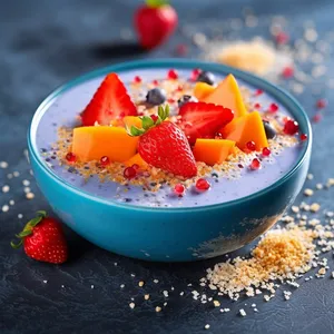 A stunning blue panna cotta topped with fresh tropical fruits and a sprinkle of edible silver glitter.