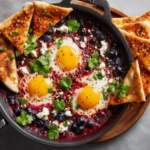A vibrant, hue of red sauce sprinkled with glossy blueberries and speckled with white crumbs of feta cheese. Two glistening yolks sunken in this colorful backdrop. The array of toasted pita chips on the side have a warm golden brown texture and sprinkled with specks of green and red spices. The whole dish is garnished with fresh green cilantro leaves that brighten up the plate.
