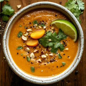 A vibrant orange soup, garnished with thin slivers of fresh apricots, chopped cilantro, brazil nuts and a lime wedge on the side; served in a white rustic bowl.