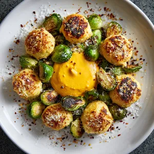 The golden-brown cheese breads are artistically arranged around a pile of vibrant green, charred brussels sprouts. A sprinkle of flaky sea salt tops the dish, punctuated by a pool of tangy, sunflower-hued dip at its centre.
