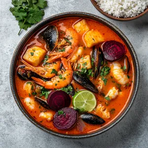 A vibrant, crimson stew blooms in the bowl, brimming with a mosaic of prawns, mussels, cod chunks, and thinly sliced beetroot. The seafood seems to float through the glossy orange-red sauce, while cilantro sprinkles add an emerald dusting. A touch of lime on the side and a bowl of steamed rice provide the perfect finishing touches.